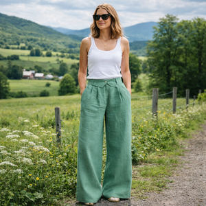 <span class=keywords><strong>Pantaloni</strong></span> Larghi Verdi in <span class=keywords><strong>Lino</strong></span> Traspiranti ed Ecologici per Abbigliamento Femminile: Personalizzazione di Alta Qualità - Product Image 4