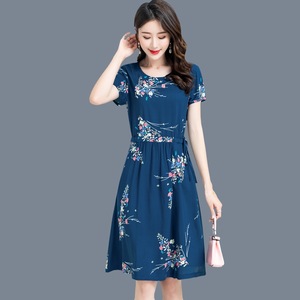 Summer Floral Print <b>Dress</b> For Women Knee Length Short Sleeve <b>Elastic</b> Waist O Neck A Line Casual Daily Wear Plus Size Slimming - Product Image 4