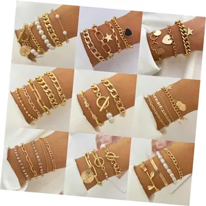 Punk Golden Metal Thick Chain Armbänder für Frauen Männer Pentagramm Herz Perlen Anhänger Charm Armband Set Modeschmuck