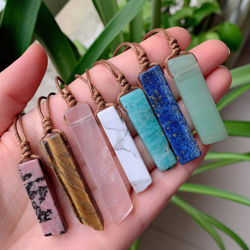 Bohemian Style Ethnic Handmade Rope Big Long Irregular Rectangle Quartz Crystal Natural Stone Pendulum Necklace for Women Men