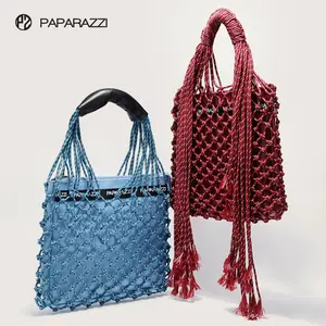 2023 TAX Free Myanmar Made ZB502 ladies hand bags handbags Woven string tassel mesh KNOTTED CORD BAG WITH STRIPES