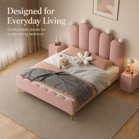 Lit de princesse pour filles, lit rembourré pour enfants avec tête de lit en forme de couronne, lit plateforme pour filles, chambre à coucher rose blush
