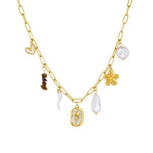 Elegant Gold Tone Necklace And <b>Bracelet</b> <b>Set</b> With Pearl Flower Heart Charms For Women Everyday Wear - Product Image 5