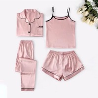 Set Piyama Sutra Satin Wanita 4Pcs Kancing Depan Set Piyama Lengan Pendek Baju Tidur Loungewear Pjs Baju Malam S-XXXL