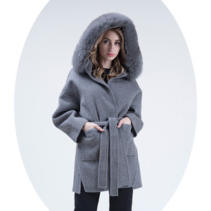 Janefur inverno <span class=keywords><strong>donna</strong></span> cappotto in Cashmere di lana di colore puro cintura stile sciolto chiudi cappotto di lana con cappuccio con collo in vera pelliccia di volpe - Product Image 2