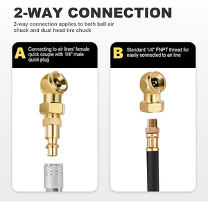 2-पैक 1/4 मानक त्वरित प्लग टायर इंफ्लेवेटर गेज नोजल पोर्टेबल ठोस धातु बंद गेंद एयर चक ओम स्टील - Product Image 2