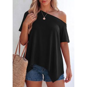 Haut d'été asymétrique à épaules dénudées pour femme, tunique ample à manches courtes, chemisier décontracté en polyester tricoté respirant - Product Image 3