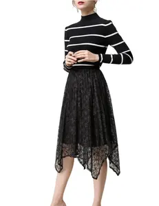 Custom Casual Knit Black and White Striped Round Neck Long Sleeve Women's Pullover Sweater Dresses