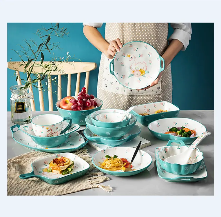 Симпатичные Мультяшные керамические обеденные тарелки, набор фарфоровых тарелок, блюдо, обеденная тарелка для детей, синяя обеденная посуда с выпечкой