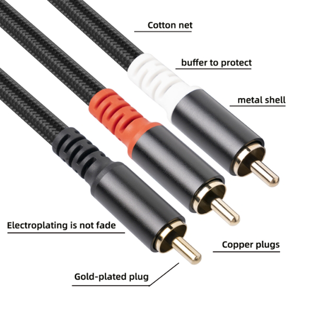 Gold Plated Plug Aluminum Alloy Shell Double Shield 2 in 1 RCA Male to Male Amplifier Audio Cable
