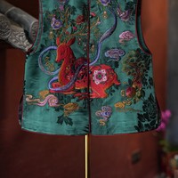 Rompi Wanita Buatan Tangan Berkualitas Tinggi dengan Bordir Rusa Sembilan Warna, Kerah Tegak, Kain Sutra Xiangyun, Hijau, 5914