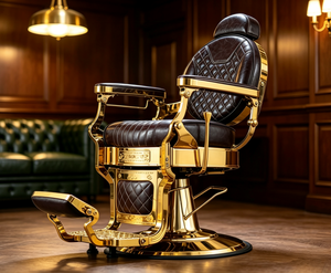 Fauteuil de coiffure hydraulique inclinable en cuir matelassé avec cadre en métal doré rétro haut de gamme - Product Image 2