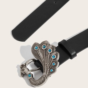 <span class=keywords><strong>Ceinture</strong></span> vintage pour femmes en PU noir avec boucle en alliage argenté antique incrustée de strass bleus - Product Image 2