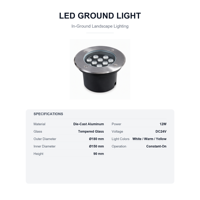 Luminaire paysager en aluminium moulé sous pression IP68, lumière LED 12W, luminaire encastré rond pour jardin, lampe de sol avec abat-jour en acrylique