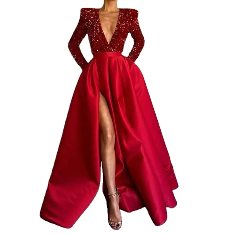 Hot Selling Woman Sexy Deep V-Neck Party Dress Evening Ball Gown Dresses Sequins Long Sleeves Split Prom Dress