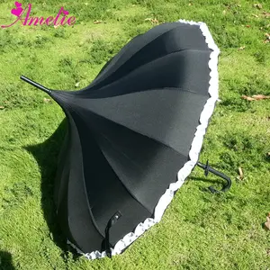 A0423 Gothique Noir Parasol Pagode avec Garniture De Fleurs