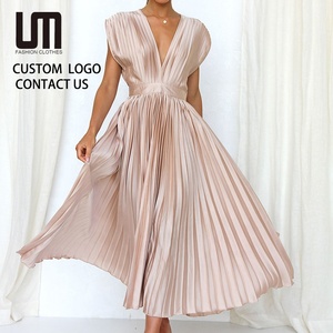 2026 New Spring Summer Elegant Women's Deep V-Neck Sleeveless <strong>Long</strong> Pleated Party <strong>Dress</strong> - Evening Wear with Backless Design - Product Image 1