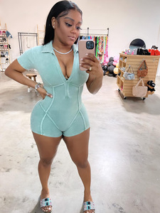 Buen Material de algodón lavado pantalones cortos monos mujeres cuello en V manga corta una pieza Skinny Romper Bodysuits - Product Image 4