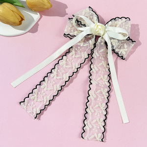 Grosir klip rambut busur pita elegan Perancis klip busur bordir renda dengan pita Tulle tipis untuk wanita - Product Image 3
