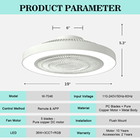 Ventilateur de plafond sans pales de 19 pouces avec lumière, télécommande et application, intensité réglable, silencieux, montage encastré pour chambre, appartement, loft