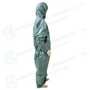 Green disposable microporous coverall with gray taped seam