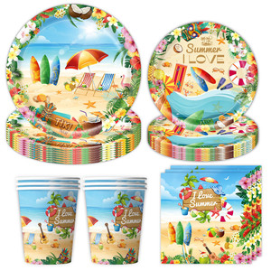 Decoraciones de Fiesta Temáticas de Playa Hawaiana para el Verano, 7 Piezas, Guirnalda de Papel, Platos, Vasos y Servilletas - Product Image 6