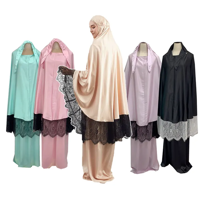 Vêtement de prière musulman à capuche Eid Jilbab Abaya Long Khimar Niqab Ramadan 2 Pièces Abaya Vêtements islamiques avec ourlet en dentelle