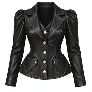 Women’s Black <b>Leather</b> <b>Blazer</b> <b>Jacket</b> Fitted Peplum Puff Sleeve Heart Pocket Coat - Product Image 4