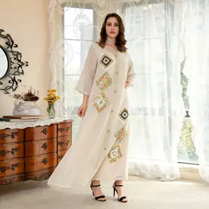 Abaya muslim cotton linen temperament beaded embroidered Jellaba fashion gown Islamic Muslim Dress Women jalabiya dubai abaya