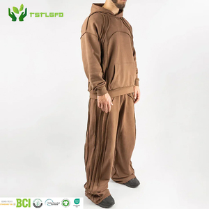 Conjunto de 2 piezas para hombre de felpa francesa con lavado ácido en tonos tierra, ecológico, con pantalones plisados de entrepierna caída y sudadera con capucha de pespunte en contraste, de tejido grueso. - Product Image 1