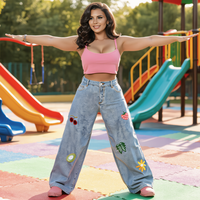 Plus Size High Waist 300GSM Zuiver Katoen Ademend Gewassen Wijde Pijpen Dames Jeans, Bloemen & Fruit Borduurwerk Losse Casual Veelzijdige