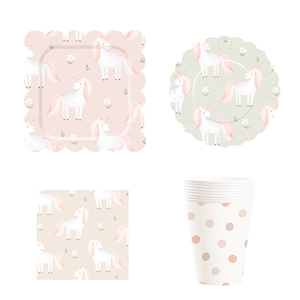 Assiettes en papier, gobelets en papier et serviettes DAMAI à pois roses licorne pour fête d'anniversaire d'enfants, baby shower, ensemble de vaisselle jetable en papier - Product Image 3