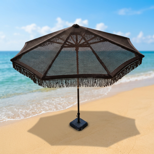 Macrame Beach Umbrella with Fringe and Cotton <b>Sun</b> <b>Shade</b> Manual Opening Travel Ready Boho Beach Decor - Product Image 2