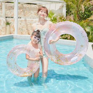 Xiaolu <b>Inflatable</b> Swimming Ring Pink Sequin Star Pattern Round <b>Float</b> For <b>Pool</b> Water Park Adult Unisex Thickened 0.20mm PVC - Product Image 1