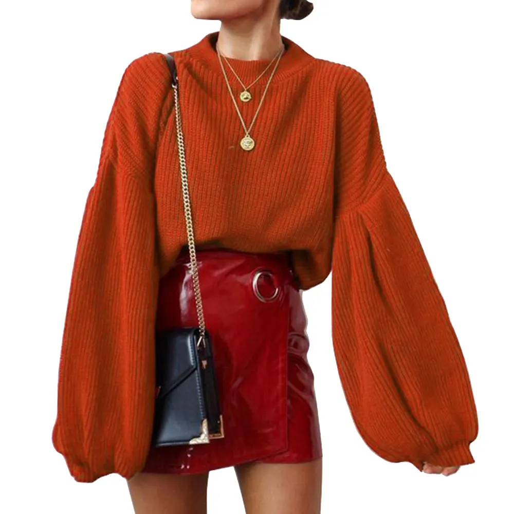 מחיר זול נשים באיכות גבוהה Loose סוודר סביב צוואר סוודר סרוג בלון שרוול סוודר