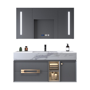 Meuble de salle de bain moderne en ardoise, simple, monobloc, lavabo en bois massif, style luxe léger, salle de bain intelligente haut de gamme - Product Image 5
