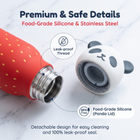 Bouteille d'eau isotherme en acier inoxydable à double paroi avec couvercle en silicone motif panda, idéale pour l'école - Vente en gros