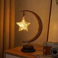 Lampe de table LED en verre en forme d'étoile et de lune avec corde de chanvre et fil de cuivre faits à la main - Décoration d'éclairage d'ambiance