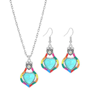 Conjunto de collar y aretes con forma de corazón, aleación plateada, estilo bohemio, joyería para mujer, conjuntos de moda para fiestas con incrustaciones de turquesa - Product Image 5