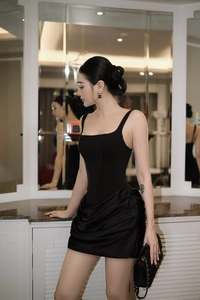 Satin Mini Dress Sleeveless <b>Spaghetti</b> <b>Strap</b> Sexy Bodycon Party Cocktail OEM Custom Women Elegant Black Square Neck Ruched - Product Image 4