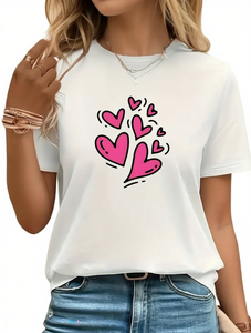 T-shirt casual da donna con scollo rotondo e stampa a cuore, maniche corte, tessuto jersey traspirante, vestibilità regolare, per tutte le stagioni - Product Image 1