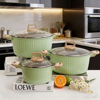 Ensemble de casseroles et poêles antiadhésives en aluminium vert, faciles à nettoyer, avec couvercle transparent et poignée en bois – Vente chaude