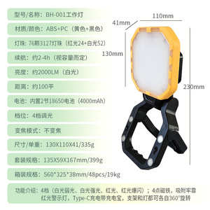 Lámpara de Trabajo Portátil Recargable de 23x11 mm con Color Ajustable y Gancho Magnético para Iluminación de Camping al Aire Libre - Product Image 3