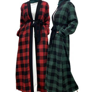 Custom ABAYA Autumn Open Modest Handmade Polyester Breathable Abaya Grid Pattern Islamic Dubai Long <b>Robe</b> Pockets - Product Image 2