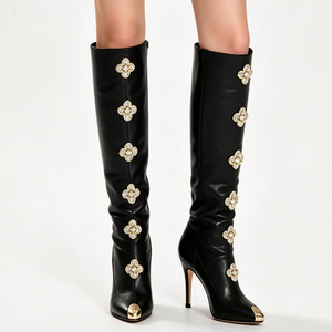 Bottes hautes occidentales unies pour femmes, à boucle, bout pointu, talon aiguille, fermeture éclair latérale, pour l'hiver et l'automne - Product Image 1