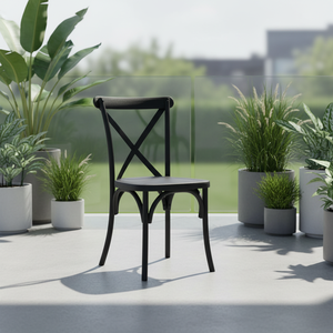 Silla de Comedor Industrial de Resina con Respaldo Cruzado, Negra, Moderna, Resistente, Ajustable, para Exteriores, Apartamentos y Hoteles - Product Image 1