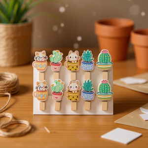 Pinces à linge en bois Ilan 3,5 cm, lot de 10, motif chat et cactus, pour artisanat et décoration - Product Image 2