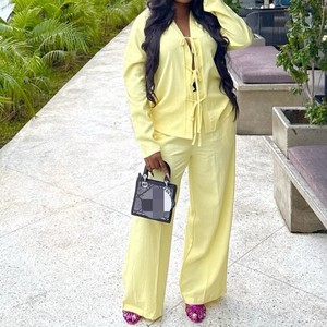 Conjunto de 2 Piezas para Mujer: Blusa Plisada con Lazo y Pantalones Africanos de Pierna Recta, Nuevo Color Sólido, a la Moda - Product Image 2