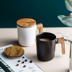 Taza de Café de Porcelana Nórdica con Asa de Madera, Taza de Cerámica con Tapa de Bambú y Cuchara, Tazas de Porcelana, Taza de Café de Cerámica - Product Image 3