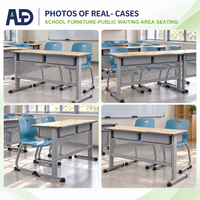 Ensemble bureau et chaise double pour étudiants, bureau scolaire avec double rangement et panneau latéral en maille